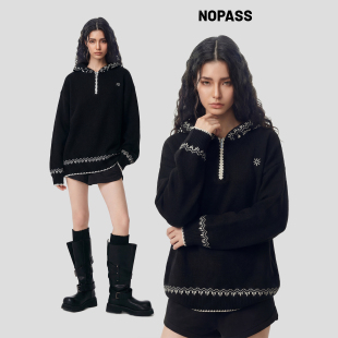 连帽针织衫 复古「马年提花费尔岛毛衣」春季 国潮原创美式 NOPASS