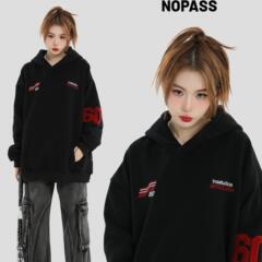 NOPASS 国潮情侣原创美式赛车字母刺绣卫衣宽松加绒连帽衫男女