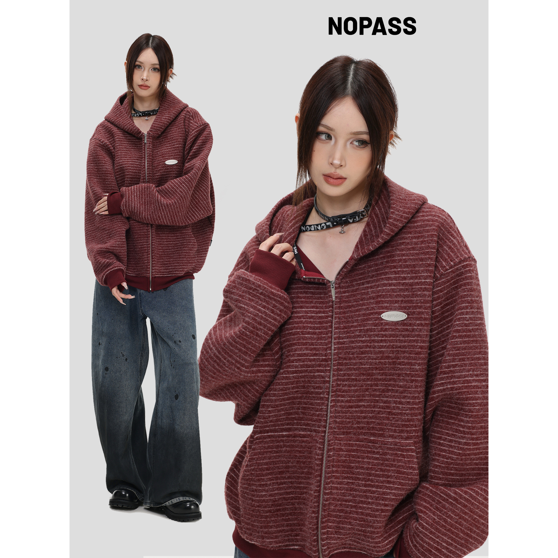NOPASS「绒感条纹连帽卫衣」