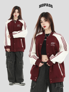 棒球服宽松夹棉外套女 撞色拼接插肩袖 NOPASS 国潮牌情侣原创美式