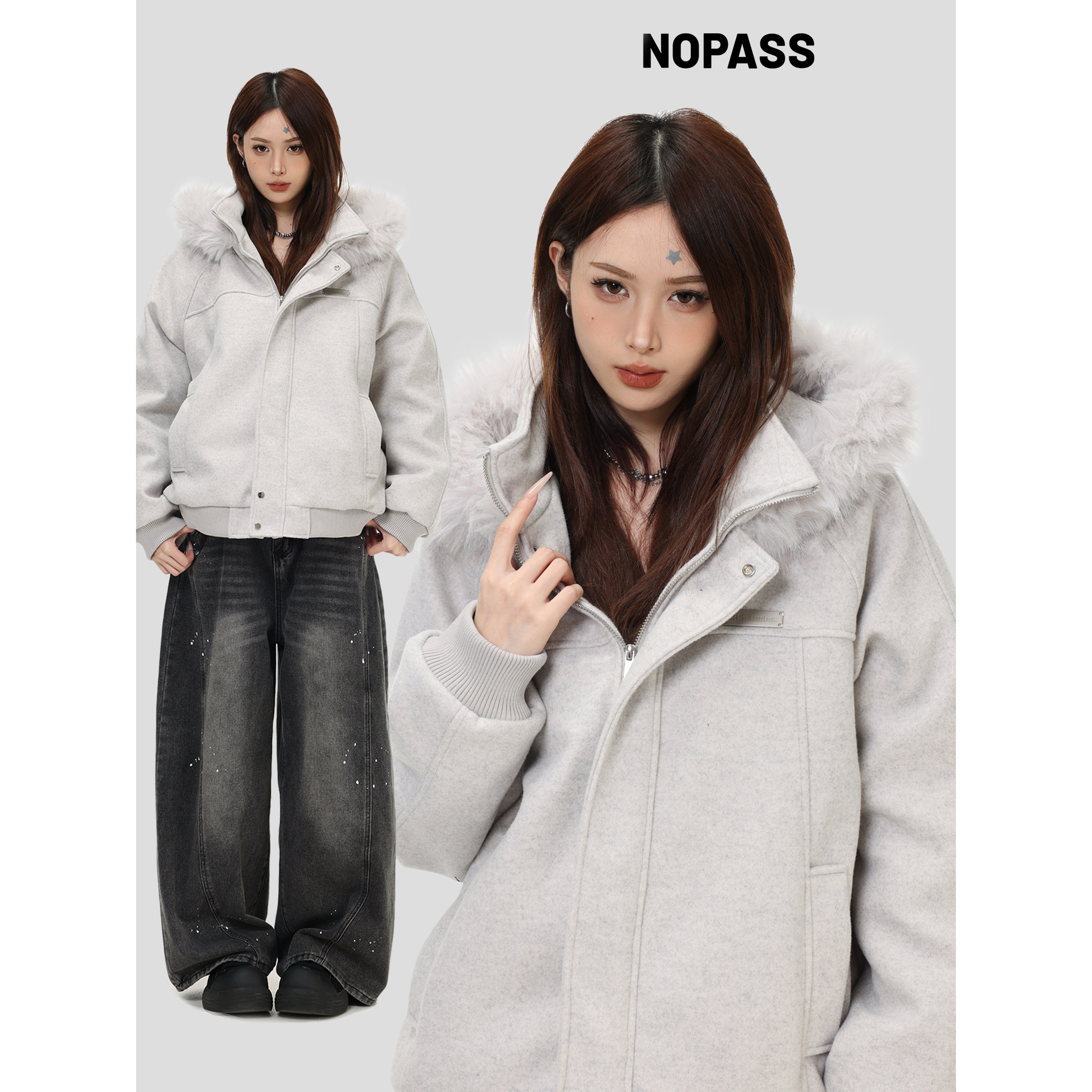 NOPASS座山雕毛领呢子棉衣