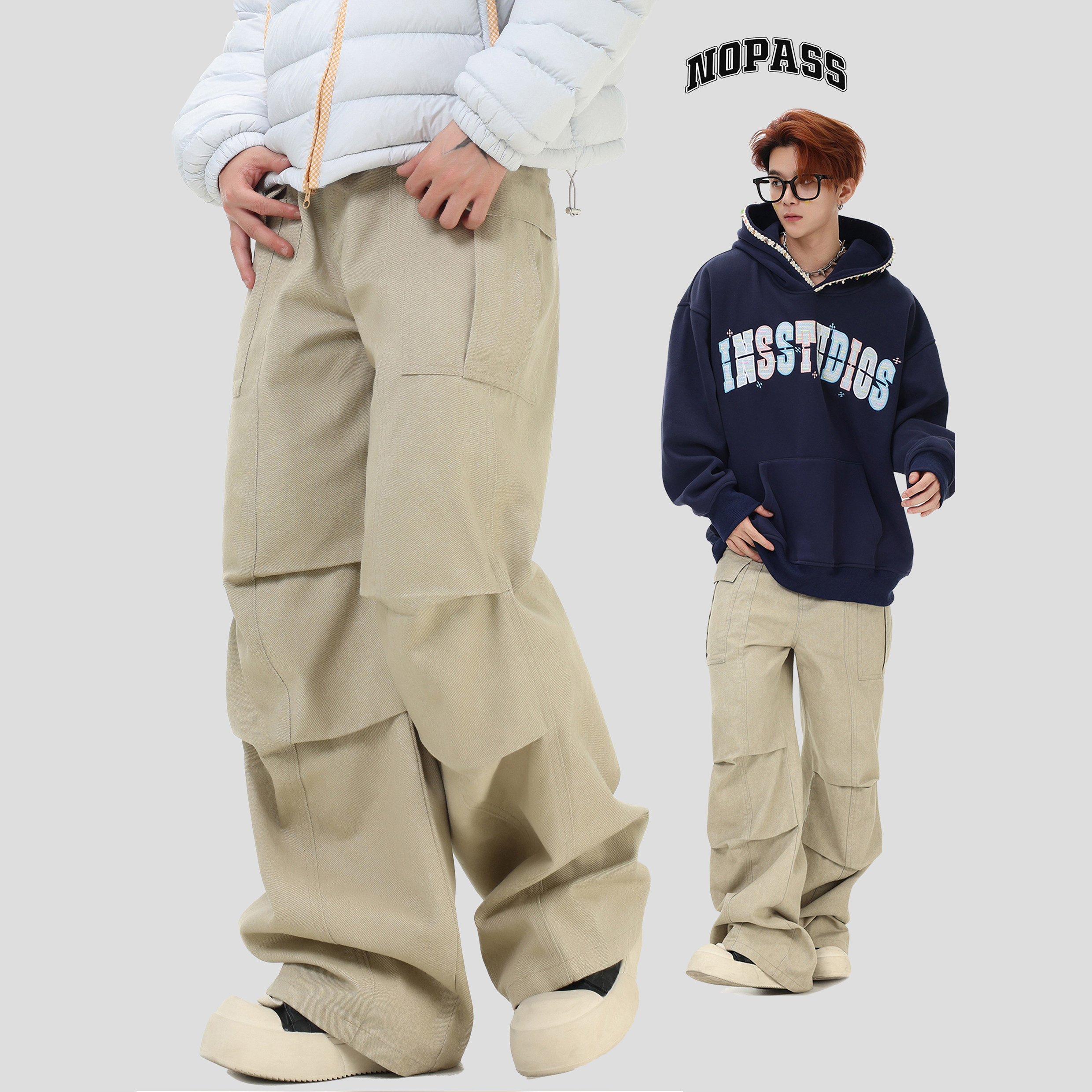 NOPASS设计感褶皱工装裤