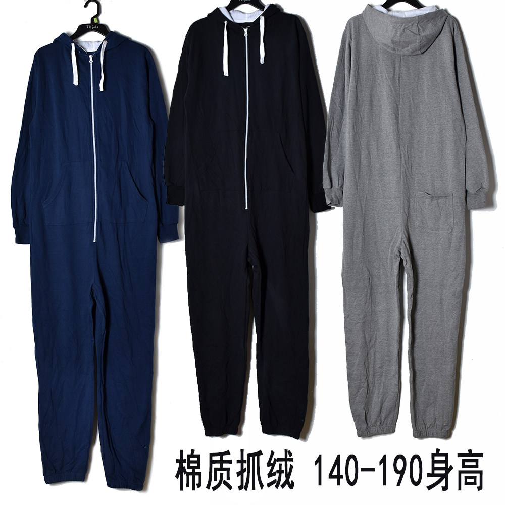 外贸品质棉质抓绒连帽长袖连体睡衣男女大童大人亲子情侣家居服装