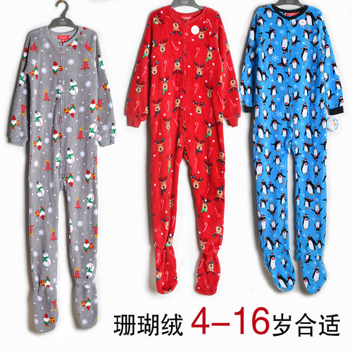 外贸秋冬季中大童包脚连体睡衣