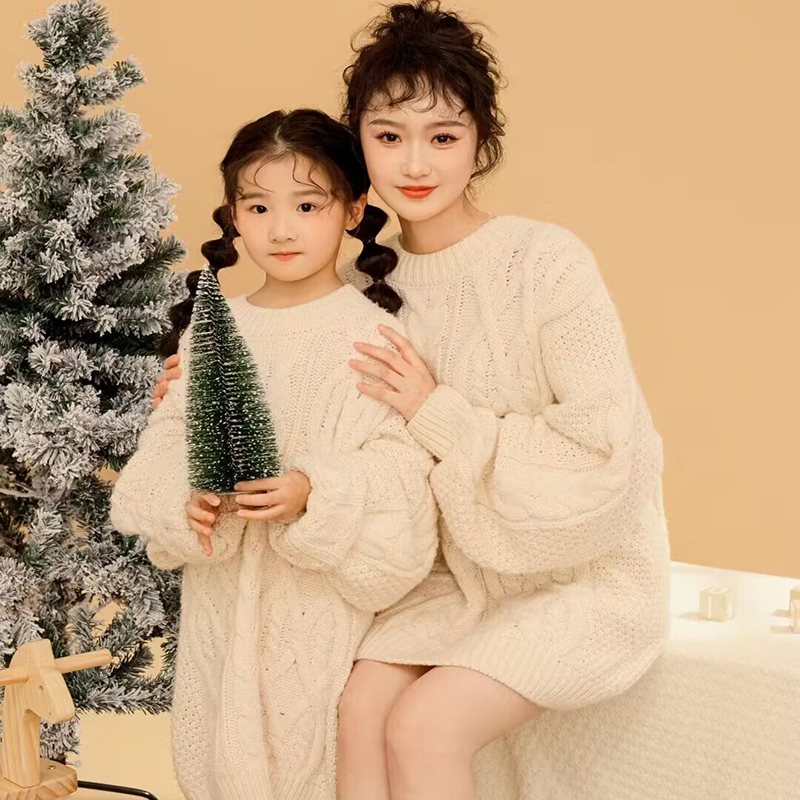 亲子装白色麻花毛衣影楼主题摄影服装新年亲子服母女拍照韩版衣服