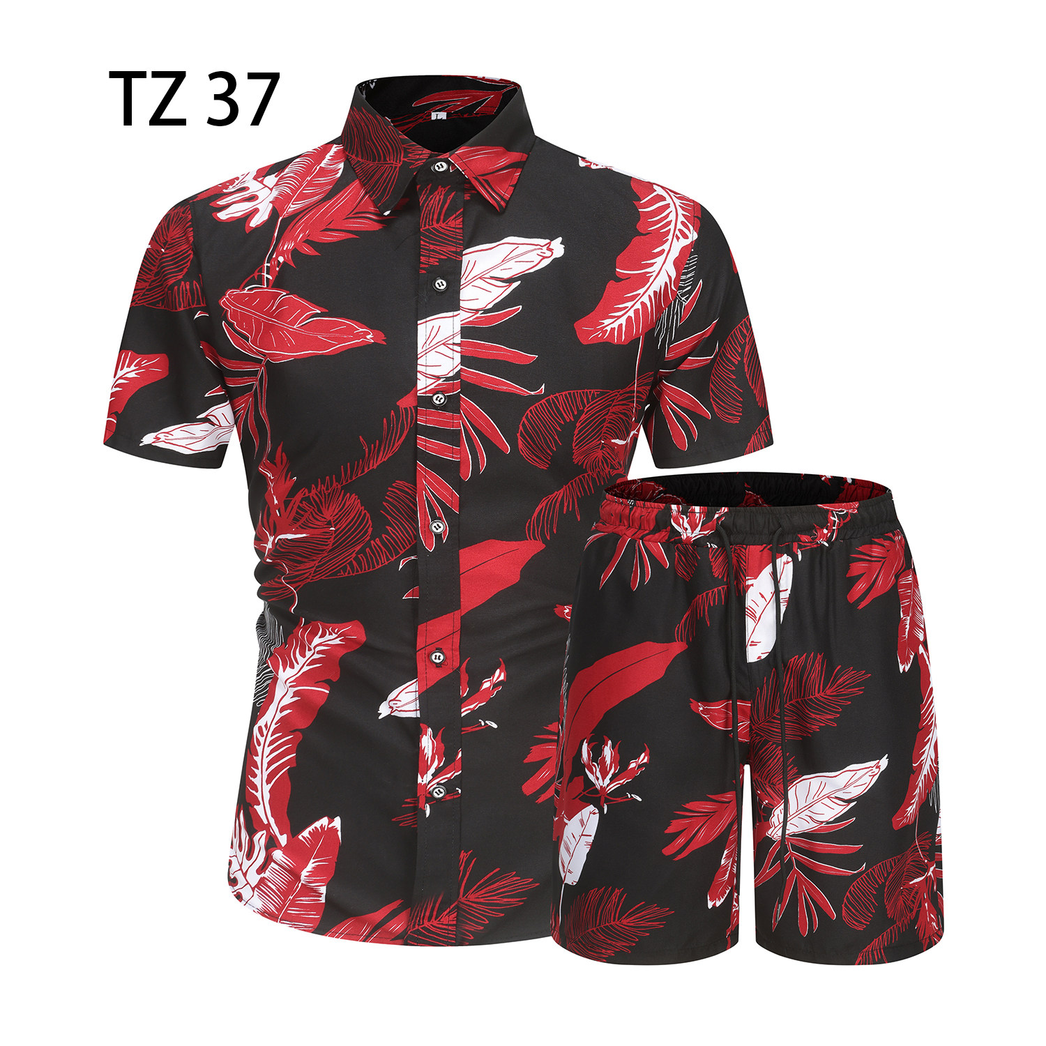 1508-TZ37-P40夏装新款港风印花短袖衬衫套装两件套免烫沙滩裤图片