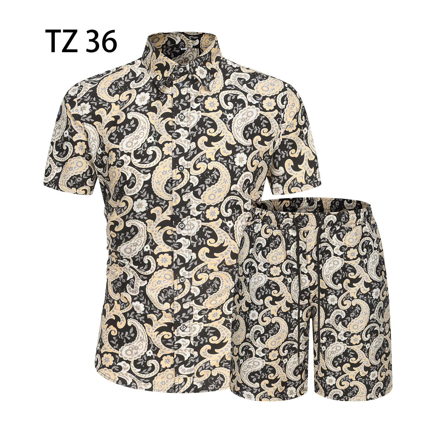 1508-TZ36-P40夏装新款港风印花短袖衬衫套装两件套免烫沙滩裤黑图片