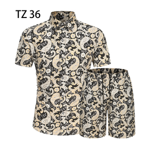 1508-TZ36-P40夏装新款港风印花短袖衬衫套装两件套免烫沙滩裤黑