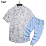 1508-CS22+K522-P45外贸欧美跨境现货短袖衬衫套装夏威夷沙滩衬衣，男装T恤，星座1508-1
