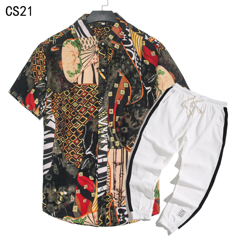 1508-CS21+K522-P45外贸欧美跨境现货短袖衬衫套装夏威夷沙滩衬衣,男装T恤,星座1508-1