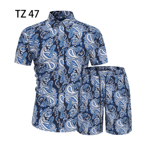 1508-TZ47-P40夏装新款港风印花短袖衬衫套装两件套免烫沙滩裤潮图片