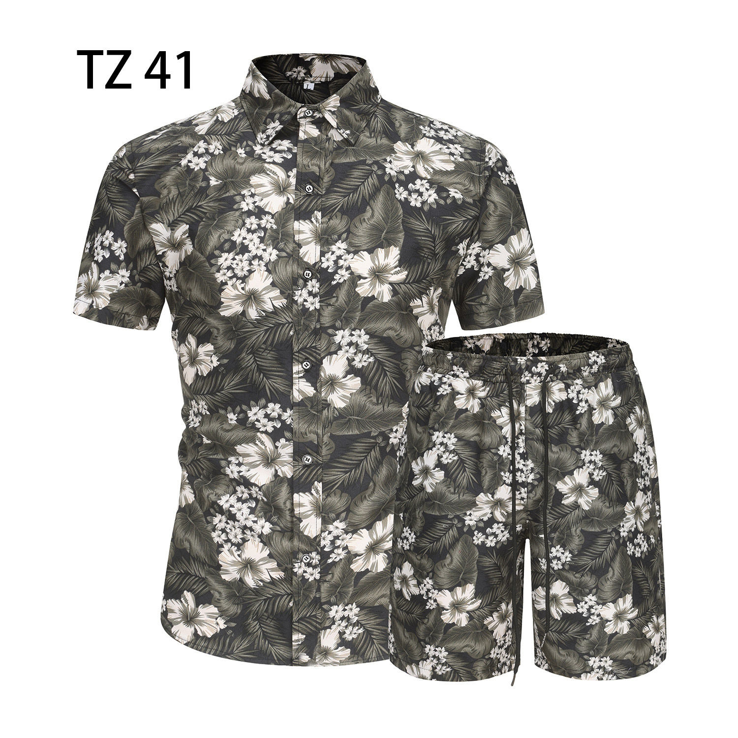 1508-TZ41-P40夏装新款港风印花短袖衬衫套装两件套免烫沙滩裤潮图片