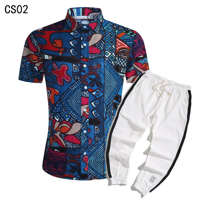 1508-CS02+K522-P50亚麻短袖衬衣休闲薄款衬衫两件套修身短袖套装，男装T恤，星座1508-1