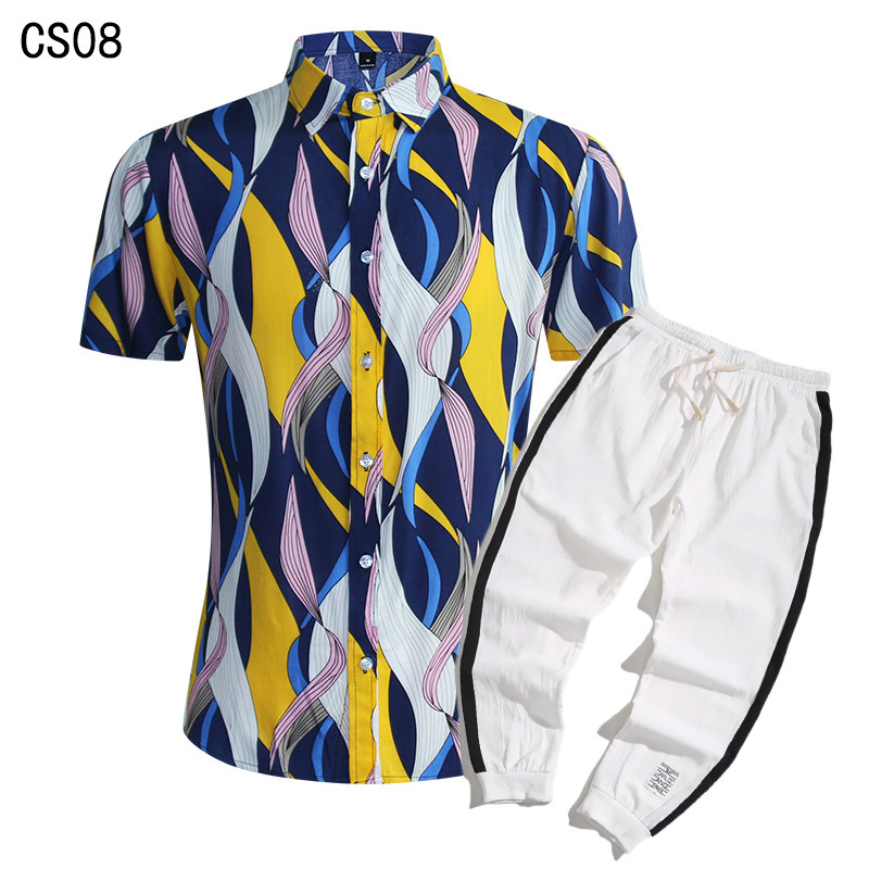 1508-CS08+K522-P45外贸欧美跨境现货短袖衬衫套装夏威夷沙滩衬衣，男装T恤，星座1508-1