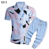 1508-CS13+K522-P45外贸欧美跨境现货短袖衬衫套装夏威夷沙滩衬衣，男装T恤，星座1508-1