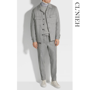 CLNIEH |超精细15微米初剪羊毛面料 混纱灰色立裁休闲抽绳裤