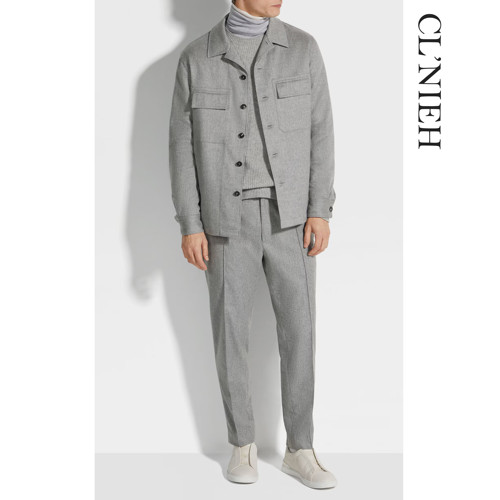 CLNIEH |超精细15微米初剪羊毛面料 混纱灰色立裁休闲抽绳裤