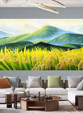 青山靠山水稻风景画背有靠山金色稻田餐厅客厅装饰自粘画壁画挂画