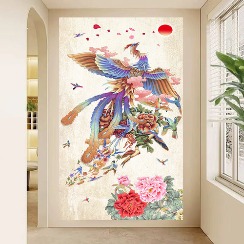 新中式百鸟朝凤凤凰牡丹图竖版玄关挂画入户走廊花鸟自粘装饰壁画