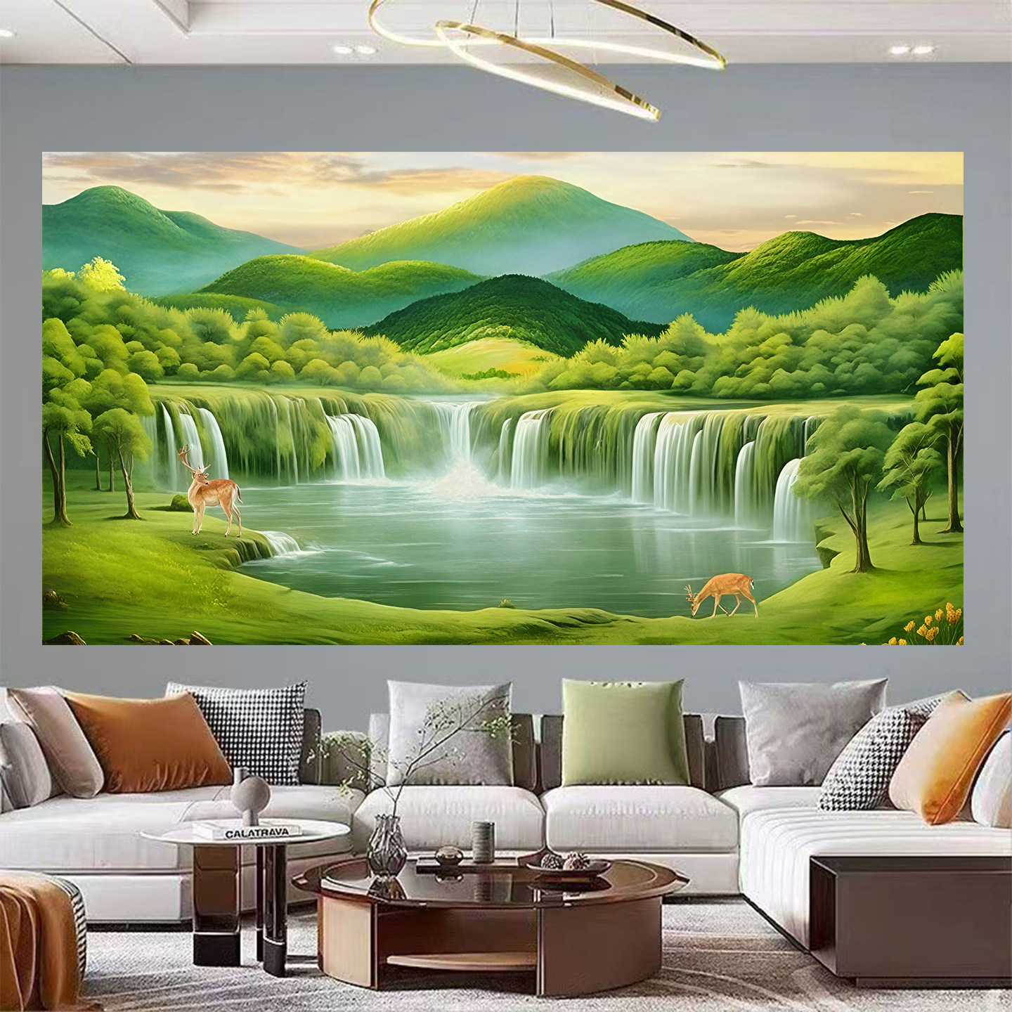 聚宝盆风水画沙发背景墙装饰画生财山水画青山绿水客厅挂画自粘画