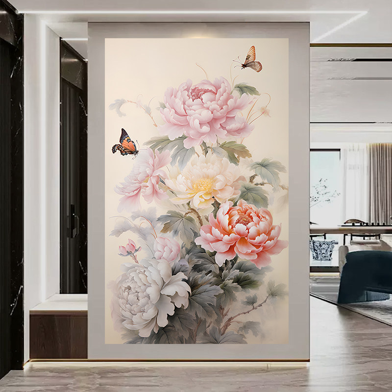 竖版花开富贵牡丹图入户玄关挂画新中式蝴蝶国画芯走廊竖幅装饰画