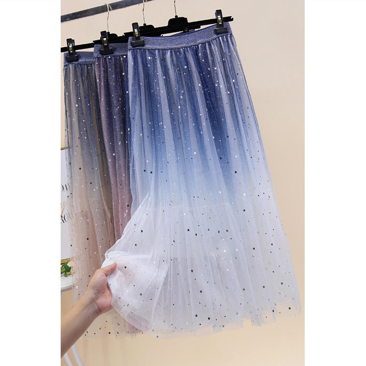 蓝色星空纱裙2023新款渐变色半身裙中长款拼色亮闪闪星空超火网纱