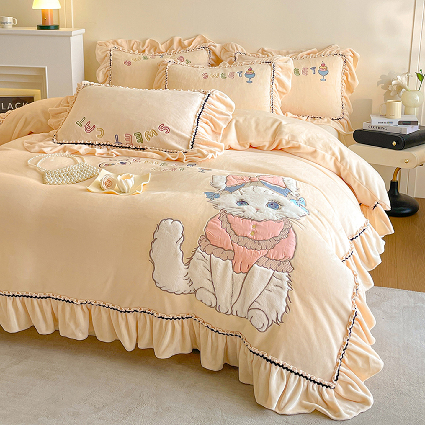 花边牛奶绒四件套床笠款冬季双面加厚被罩珊瑚绒被套加绒床单被套