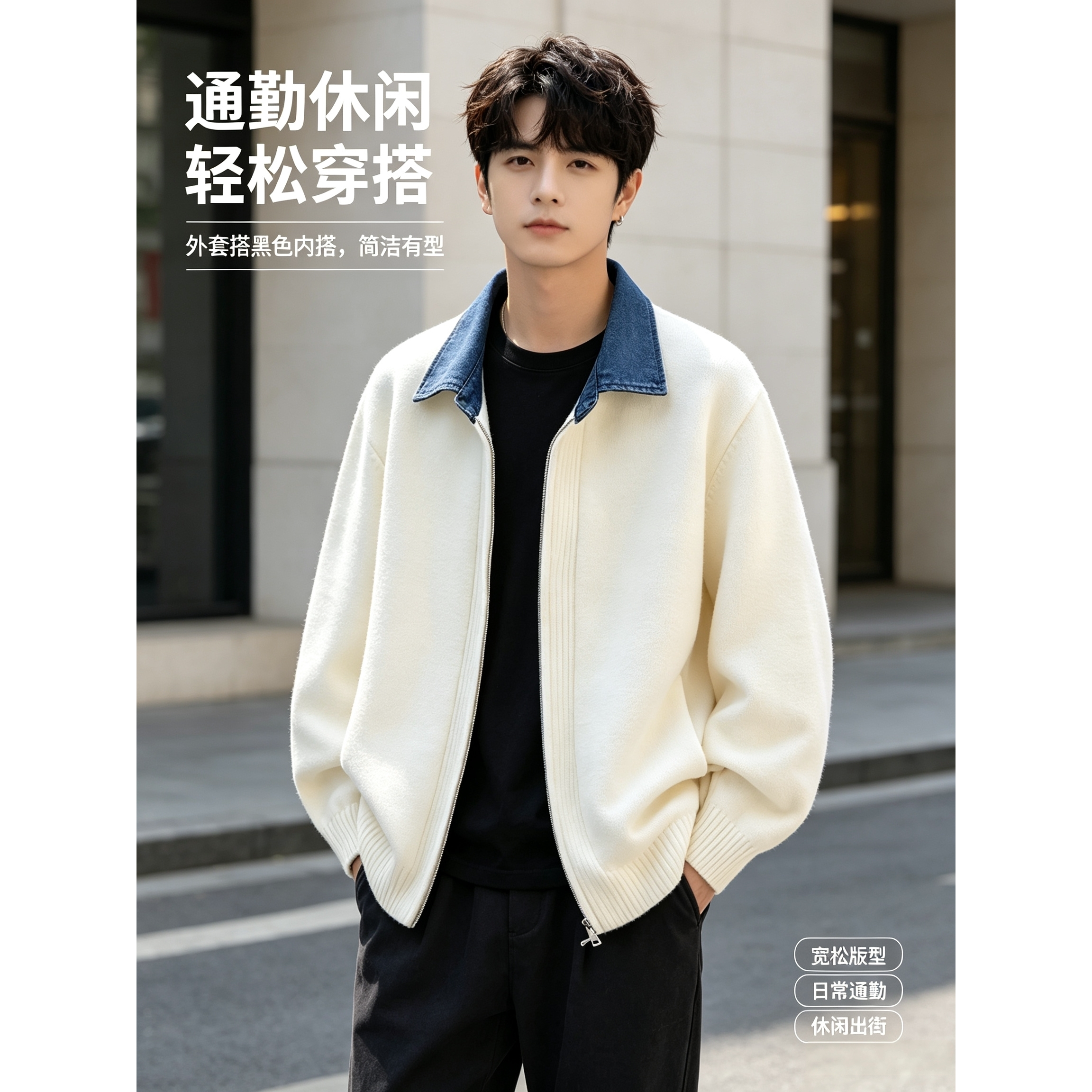 拼接毛衣开衫外套男装休闲针织