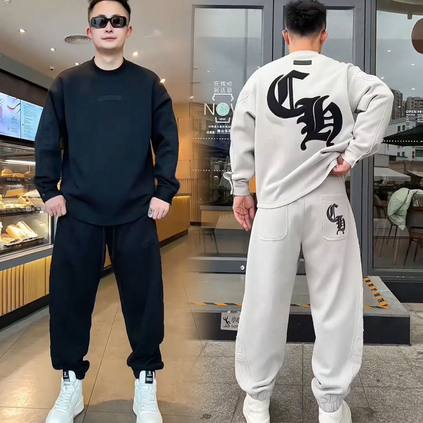 秋冬季贴布刺绣两件套装男痞帅时尚套头卫衣宽松阔腿休闲运动卫裤
