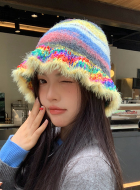 彩色多巴胺渔夫帽秋冬季毛绒保暖护耳盆帽日系百搭针织毛线帽子女