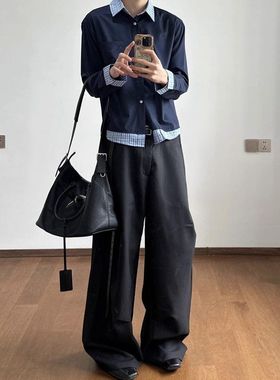 LBMS辣堡美式假两件拼接格纹衬衫莫代尔竹浆纤维抗皱miu系衬衣