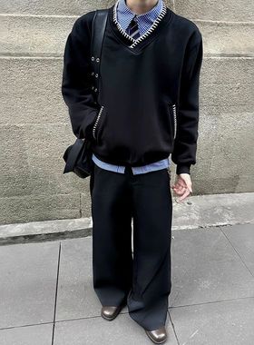 LBMS 辣堡美式重磅防静电科技面料V领珠边手工缝线长袖休闲卫衣