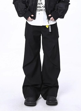 LBMS美式复古褶皱垂感直筒小众设计感廓形阔腿西裤潮中性休闲裤