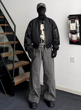 LBMS辣堡美式复古新款裁剪反穿设计水洗工装裤男女小众宽松直筒裤