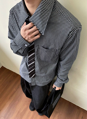 LBMS辣堡美式假两件领带格子衬衫男高级感设计感美式衬衣外套