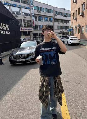 LBMS辣堡美式重磅水洗炒色Michael恶搞乐队印花cleanfit短袖t恤