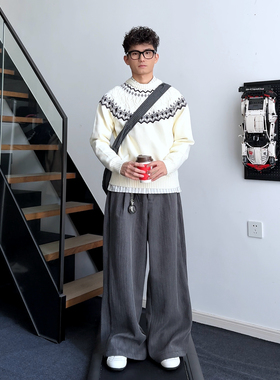 LBMS辣堡美式重磅费尔岛提花圆领舒适插肩袖透气毛衣秋冬针织衫