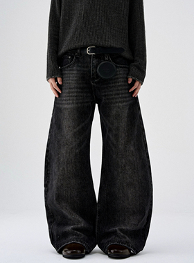 LBMS辣堡美式高街中性高级水洗复古猫须纹设计宽松男式弯刀牛仔裤