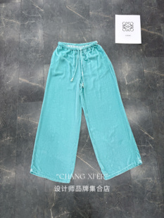 设计师品牌正品 真丝丝绒松紧休闲裤女百搭蓝色直筒丝绒长裤女