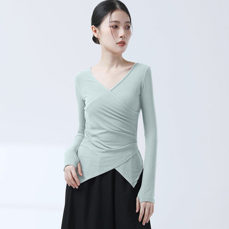速发舞蹈服V领套指长袖形体练功服上衣成人古典舞训练服装