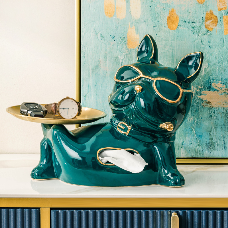 速发巾犬意陶瓷法斗创纸风盒客厅轻奢家居客厅茶几抽纸盒家用摆件