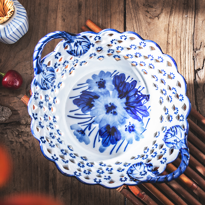 速发手绘新中式干果中子小水果盆家用盘厅陶瓷创意茶几客式零食盘