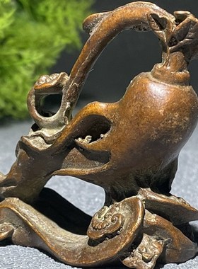 速发实心老铜雕人参如意小摆件复古茶道铜宠古玩器铜玩件人生如戏