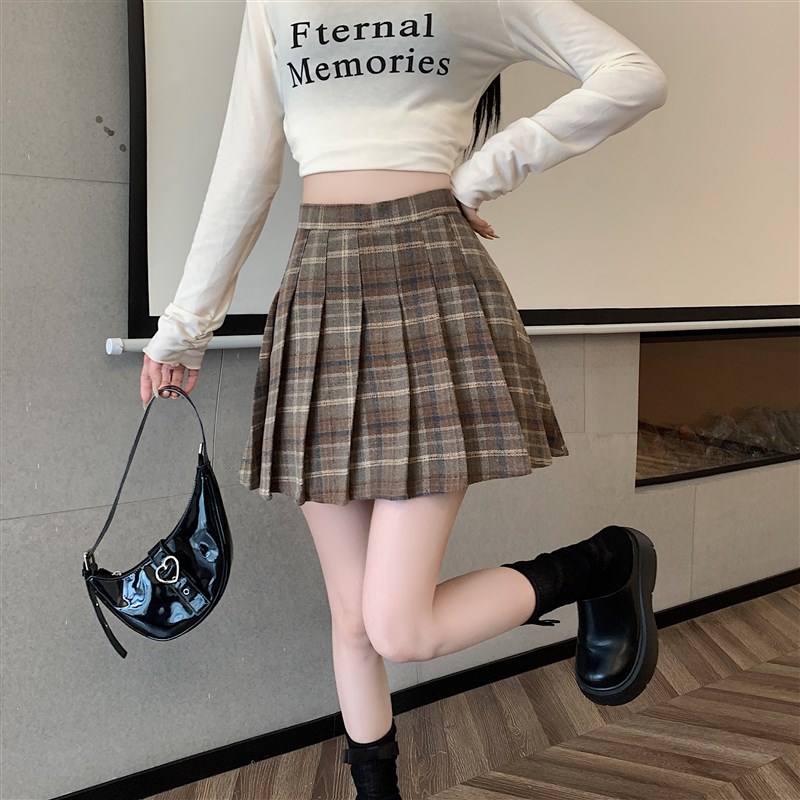 速发复古格子半裙裙春秋新款小个子设计感褶字百A身高腰短裙子