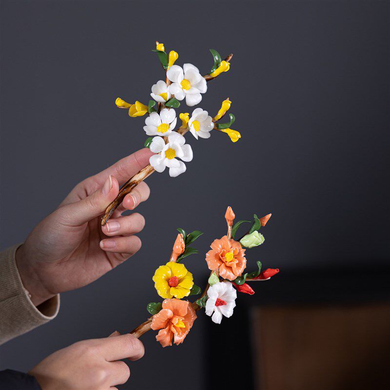 速发手工红色陶瓷花红梅花仿真花花朵摆件文创产品永生花工艺礼品