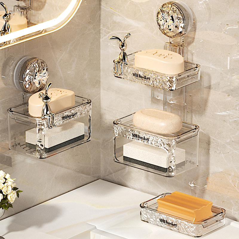 速发免打孔肥皂盒壁间式家用沥水卫生挂上盘墙吸置物架双层香皂盒