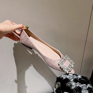 法式 女2025年新款 春秋淺口鞋 子水鉆黑色上班氣質(zhì)平底 尖頭單鞋