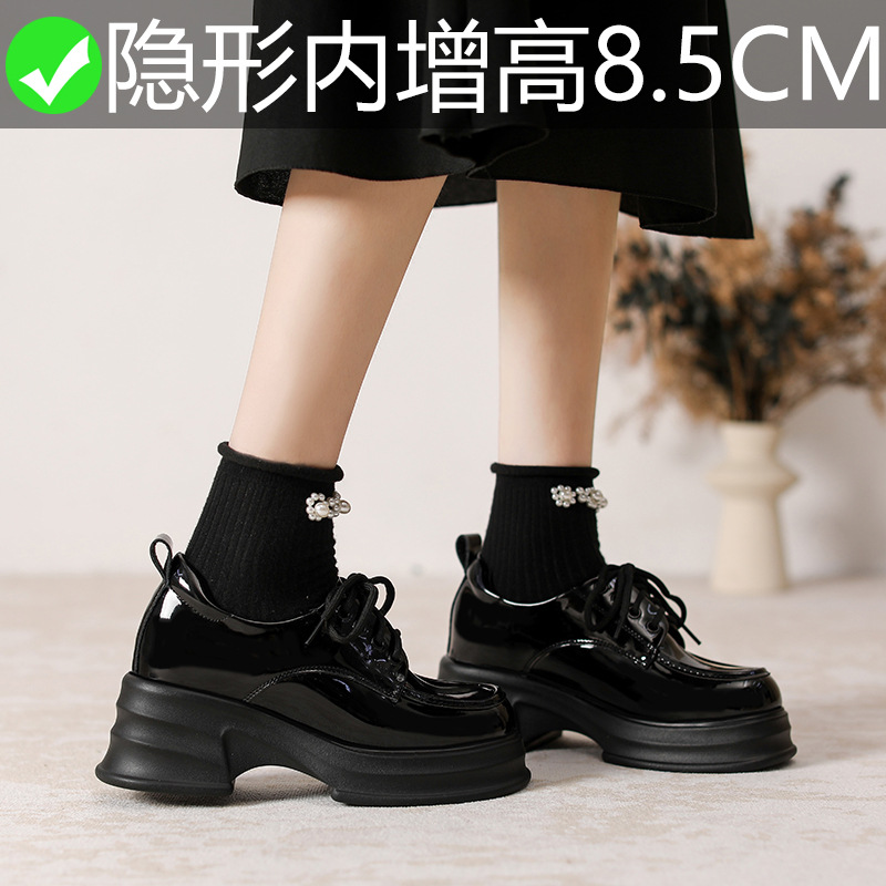 真皮小皮鞋英伦厚底轻便高跟乐福单鞋2024秋冬新款系带内增高女鞋