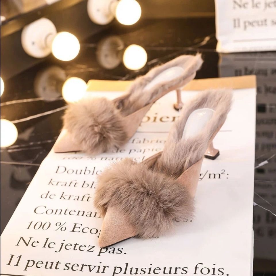 秋冬2025新款尖头毛毛保暖细跟高跟半拖鞋女包头水貂毛穆勒鞋拖鞋