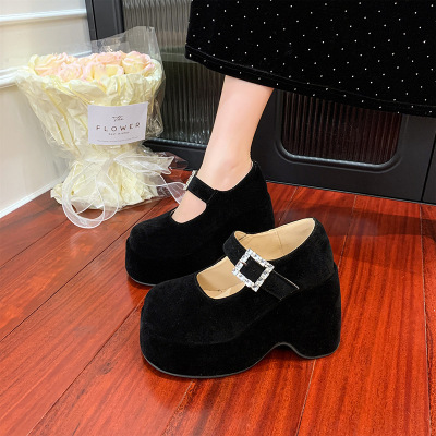 黑色小个子丝绒玛丽珍高跟鞋女2025秋冬新款法式增高厚底浅口单鞋